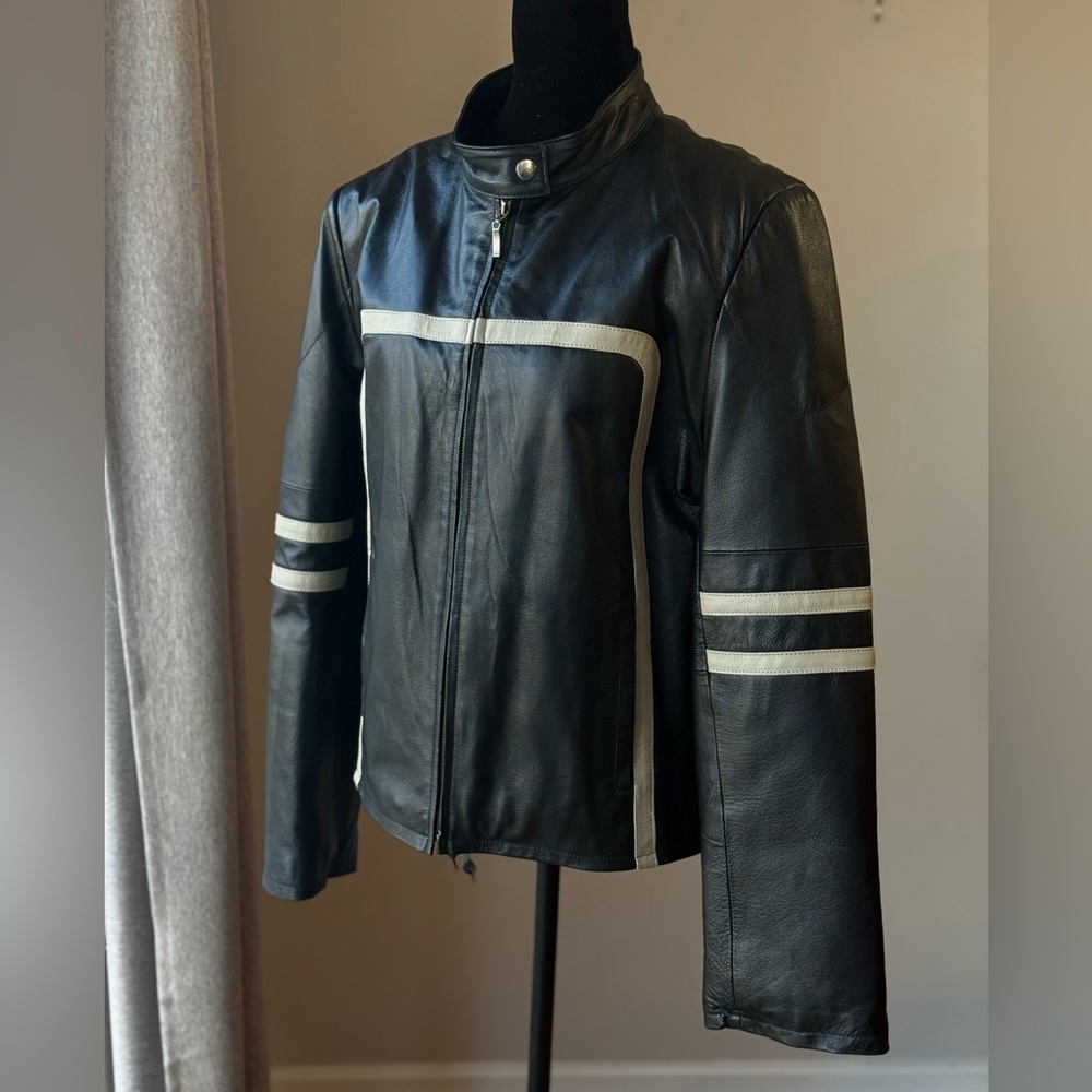 Men's Oscar Piel Leather Black and White Striped Zip Jacket XL